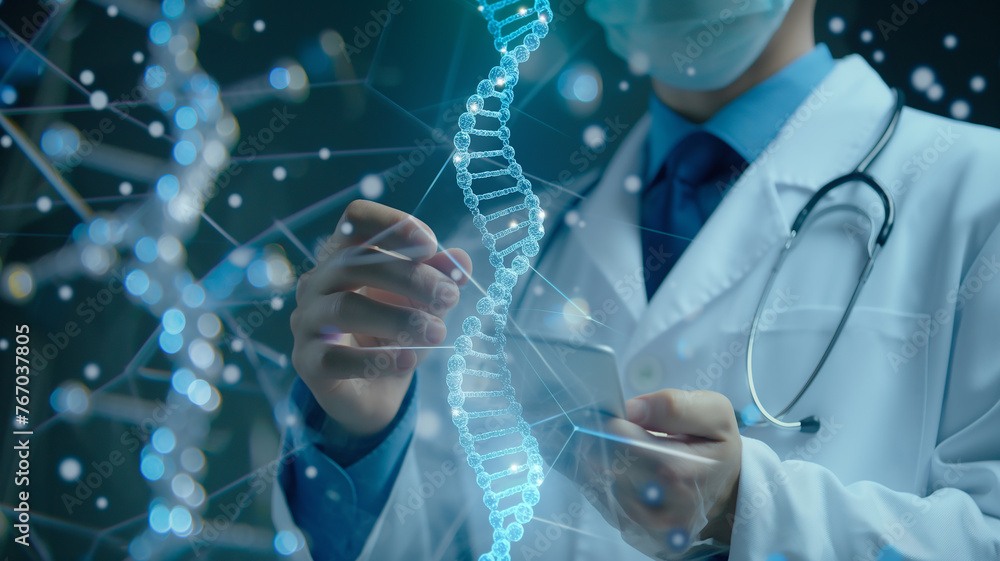 doctor holding a dna chain model, technology and medical doctor holding a dna chain model, technology and medical