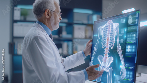 a doctor holding in hand a x-ray skeleton model, spine diseases and its treatment photo