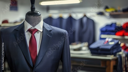 A new stylish suit on a mannequin awaits its customer in the atelier workshop. Sharp and polished, this suit ensures a flawless fit and impeccable style.