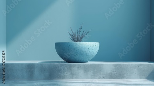  Blue room, blue wall Bowl of green plant sits on ledge of gray concrete
