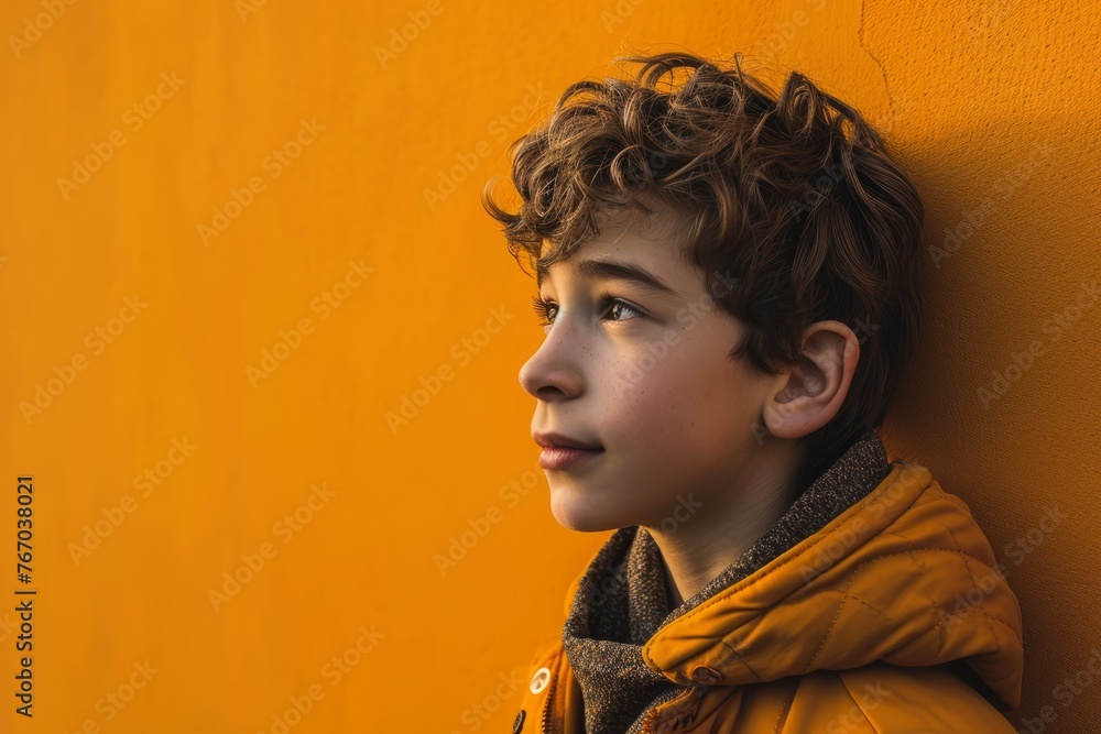 Portrait of a boy in a yellow jacket against the orange wall Portrait of a boy in a yellow jacket against the orange wall