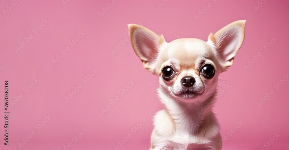 funny chihuahua puppy portrait  on pink background copy space left