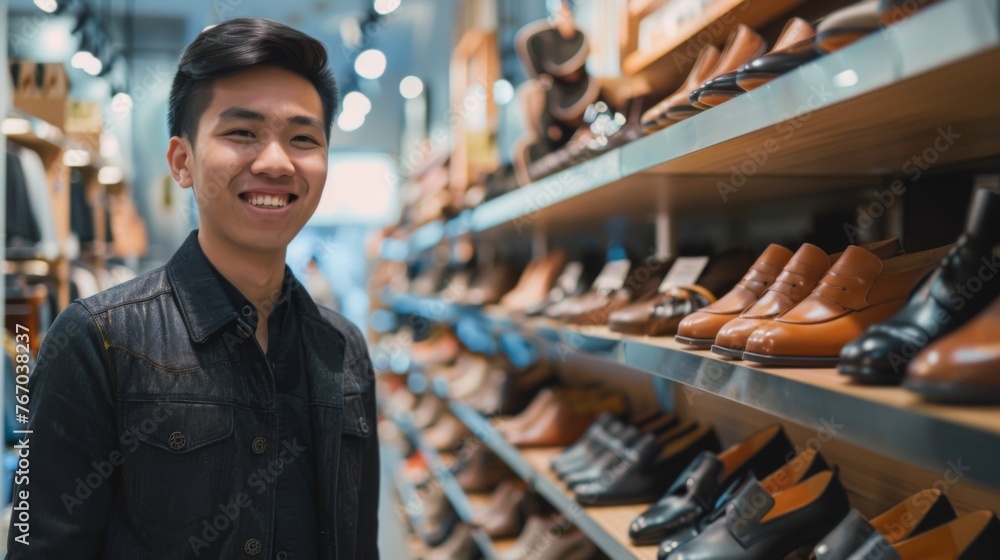 Customer is choosing shoes in the footwear store - obrazy, fototapety, plakaty 