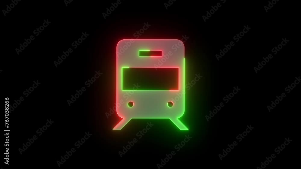 Neon metro train icon green red color glowing animation black background Neon metro train icon green red color glowing animation black background