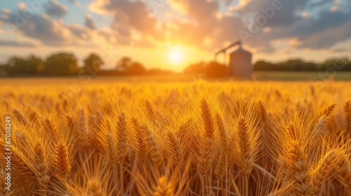   A field of wheat at sunset with a grain silo in the foreground and a barn in the background