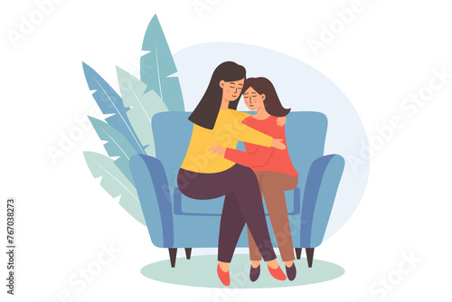 Women sitting on couch together support each other. Mother consoles her depressed daughter. Girl comforting her sister. Mental health help for depression or stress. Empathy with friends.