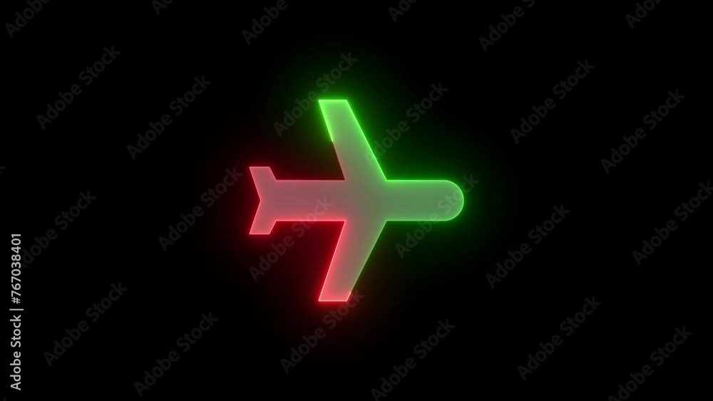 Neon plane icon green red color glowing animation black background Neon plane icon green red color glowing animation black background