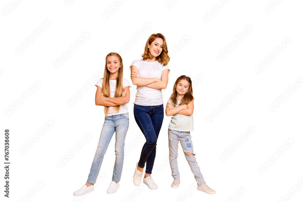 Full length body size view portrait of three nice attractive slim cheerful cheery people folded arms mum mommy isolated over bright vivid shine yellow background