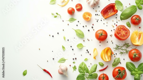 Top view of various fresh vegetables and spices on white background. Healthy eating concept.