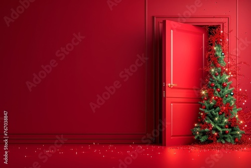 Christmas tree enters the door. Christmas is here concept on red background with copy space. 3D Rendering, 3D Illustration, Generative AI