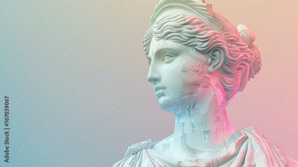 Ancient Greek antique sculpture of a woman, goddess, made in pastel colors of the background. Generative AI. Enhancing the Aura of Divine Femininity. 