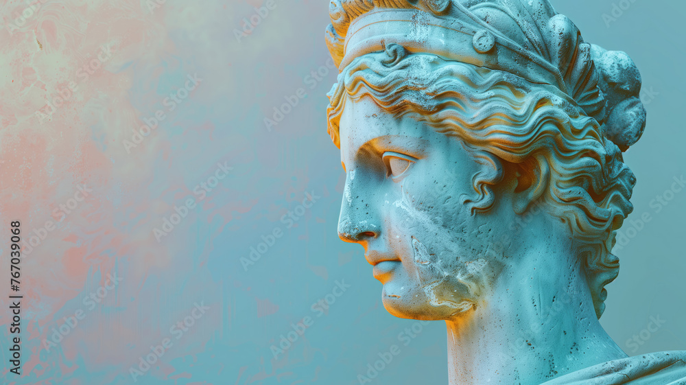 Ancient Greek antique sculpture of a woman, goddess, made in pastel colors of the background. Generative AI. Enhancing the Aura of Divine Femininity. 