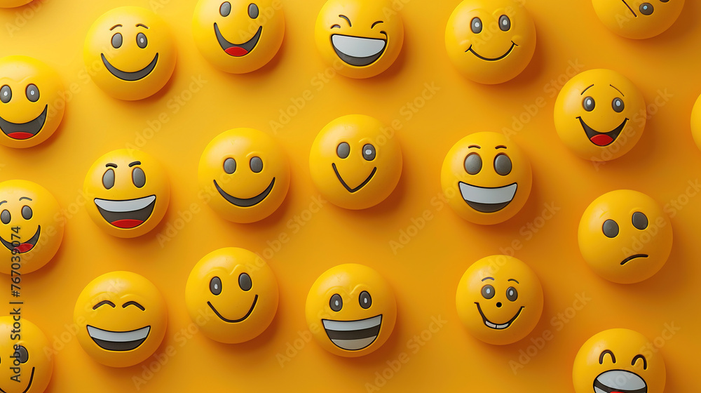 Fototapeta premium World emoji day 3d banner background. World emoji day with a funny emojis. Emoji Celebration 3D Banner Background. World smile day emojis. Mental health assessment, world mental health day concept. 