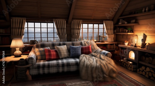 Cozy snug with shiplap walls tartan accents and rustic wood beams overhead. © Aeman