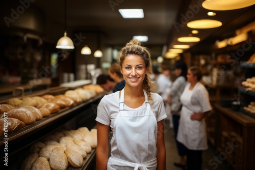 Cheerful baker with bread in kitchen