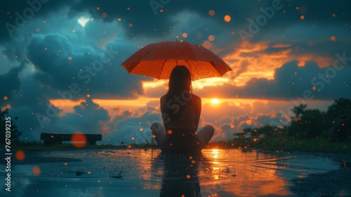   A woman sits under an umbrella in the rain as the sun sets behind cloudy skies © Viktor
