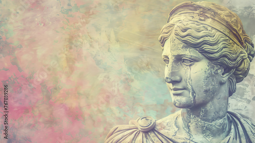 Ancient Greek antique sculpture of a woman, goddess, made in pastel colors of the background. Generative AI. Enhancing the Aura of Divine Femininity. 