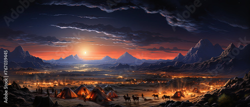 painting of a camp site in the middle of a desert with a sunset