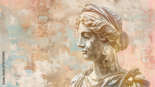 Ancient Greek antique sculpture of a woman  goddess  made in pastel colors of the background. Generative AI. Enhancing the Aura of Divine Femininity. 