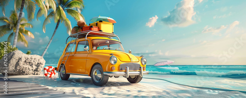 The car is loaded with beach gear and luggage for a summer vacation
