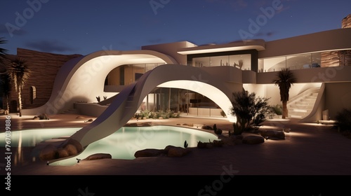 Desert contemporary villa with stucco curves integrated water features and indoor outdoor convergence.