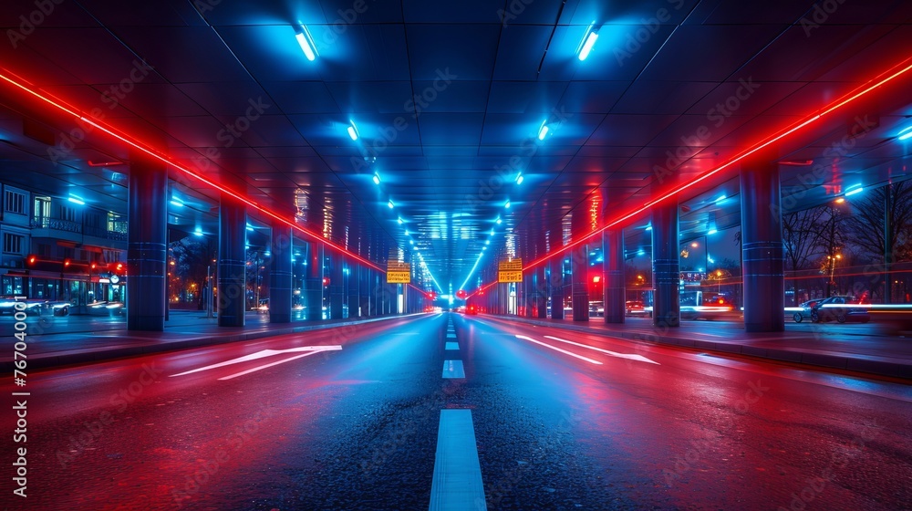 An urban street, shrouded and illuminated in cool blue light, emerges at night.