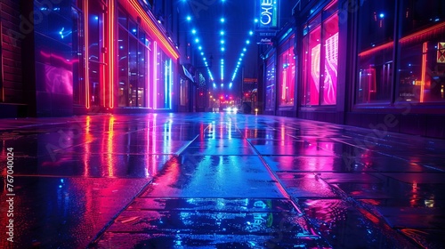 An urban street, shrouded and illuminated in cool blue light, emerges at night. © Khalida
