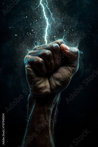 Clenched fist struck by lightning. Lightning and electricity coming out of hand illustration. 