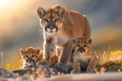 A mother puma takes care of the puma cubs in the wild