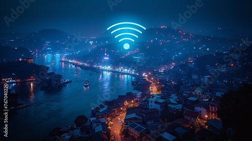 Blue high-tech cityscape connected by lines with a WiFi sign, representing technology concept and the internet of things.