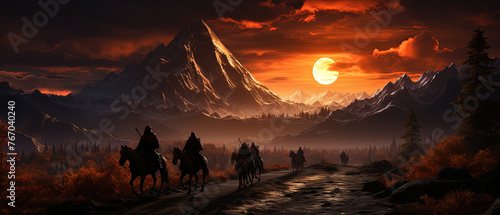 horses are walking down a path in front of a mountain