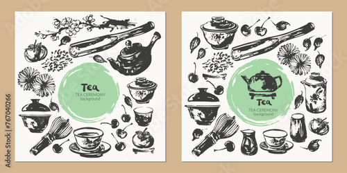 Hand drawn ink sketch of teapot, cups, leaves, scoop traditional asian style