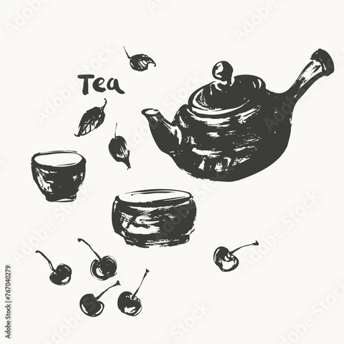 Hand drawn ink sketch of teapot, cups, cherry, leaves, scoop traditional asian style