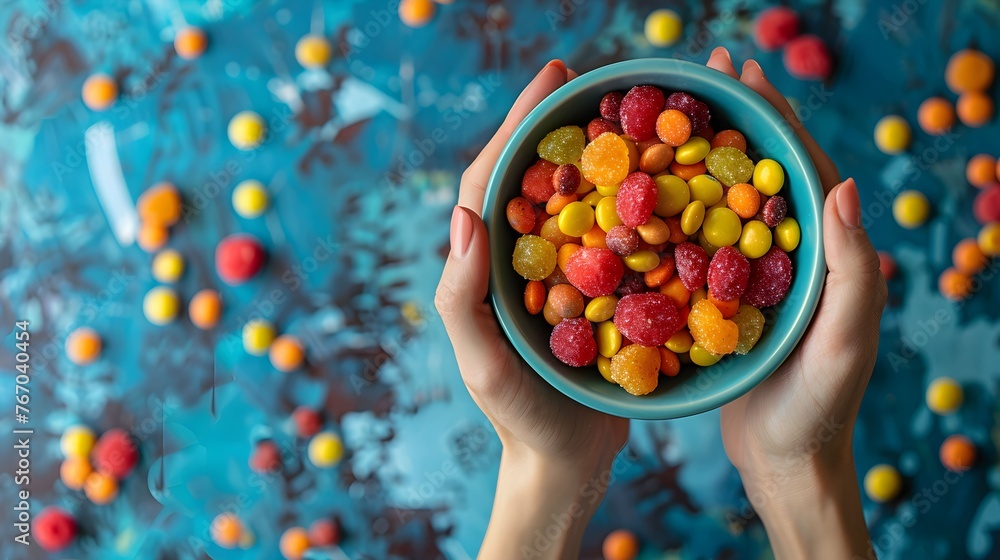 A woman’s hands holding bowl of coloured snacks. For posters, covers, cook, dinner A woman’s hands holding bowl of coloured snacks. For posters, covers, cook, dinner