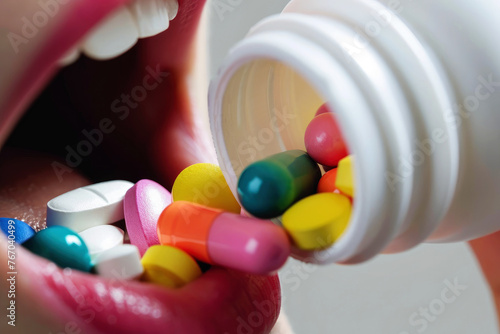 woman pouring colorful pills and capsules in mouth from white packer bottle