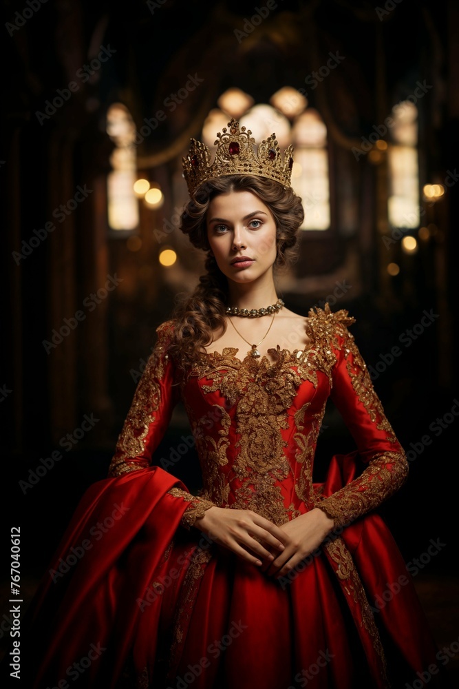 Queen in ornate red dress and golden crown