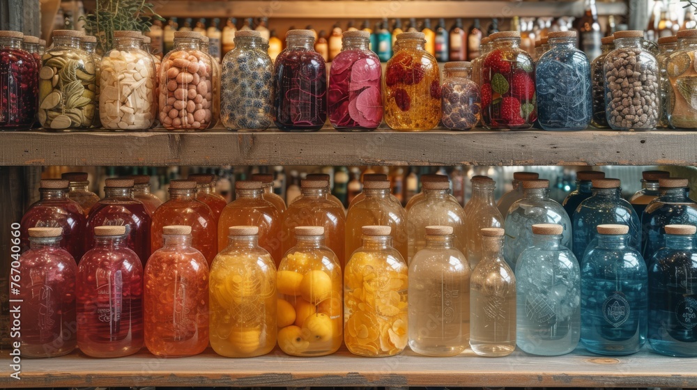   A shelf brimming with multiple glass containers containing various liquids, and adjacent to it is a shelf adorned with assorted jars holding distinct liquids