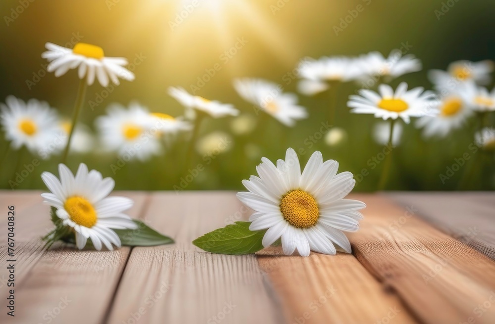 Obraz premium Wooden table, surface, on the background of a field with chamomile. Background of chamomile flowers. Copy space, place for text, empty space.