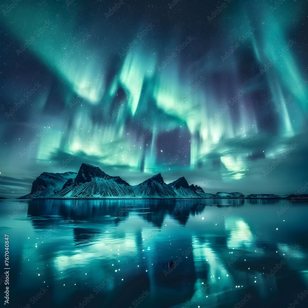 Captivating Aurora Borealis Illuminating Starry Winter Landscape with Reflection in Tranquil Ocean