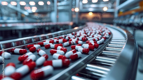 Industrial precision in pharmaceuticals with colorful capsules on conveyor belt