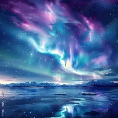 Captivating Aurora Borealis Lights Up the Starry Nightscape Over the Serene Coastal Landscape © Mickey