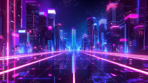 Bottom-up view of a futuristic neon cityscape at night  characterized by retro wave and cyberpunk elements  with bright neon purple and blue lights illuminating the dark background.