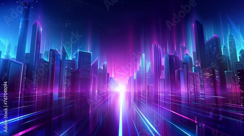 Bottom-up view of a futuristic neon cityscape at night, characterized by retro wave and cyberpunk elements, with bright neon purple and blue lights illuminating the dark background. © Khalida