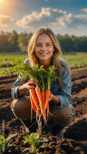 Happy young woman farmer holding fresh beautiful orange carrots growing in fertile soil on farm bed