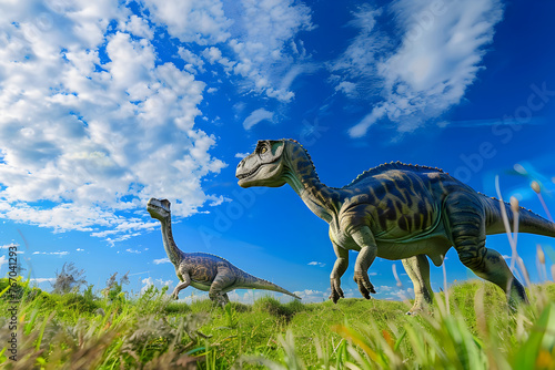 Dinosaurs Roaming in the Lush Triassic Landscape with Blue Sky and Fluffy Clouds