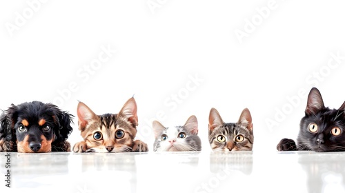 Diverse Pets Peeking from Blank White Background for Advertising or Graphic Design