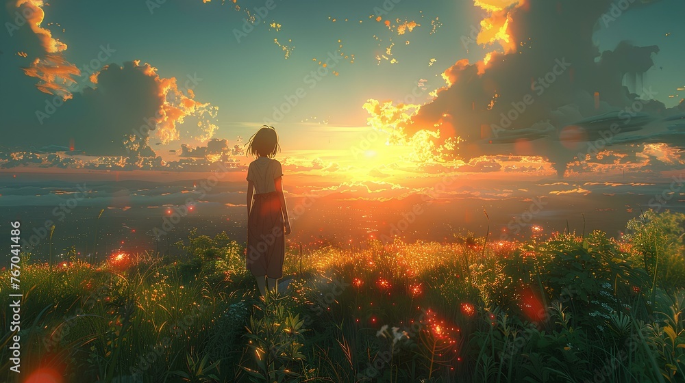 Obraz premium A girl standing on a hill looking at the sky of clouds and sunset over the horizon. insanely detailed wide beautiful mesmerizing view, digital art style, anime illustration. generative AI