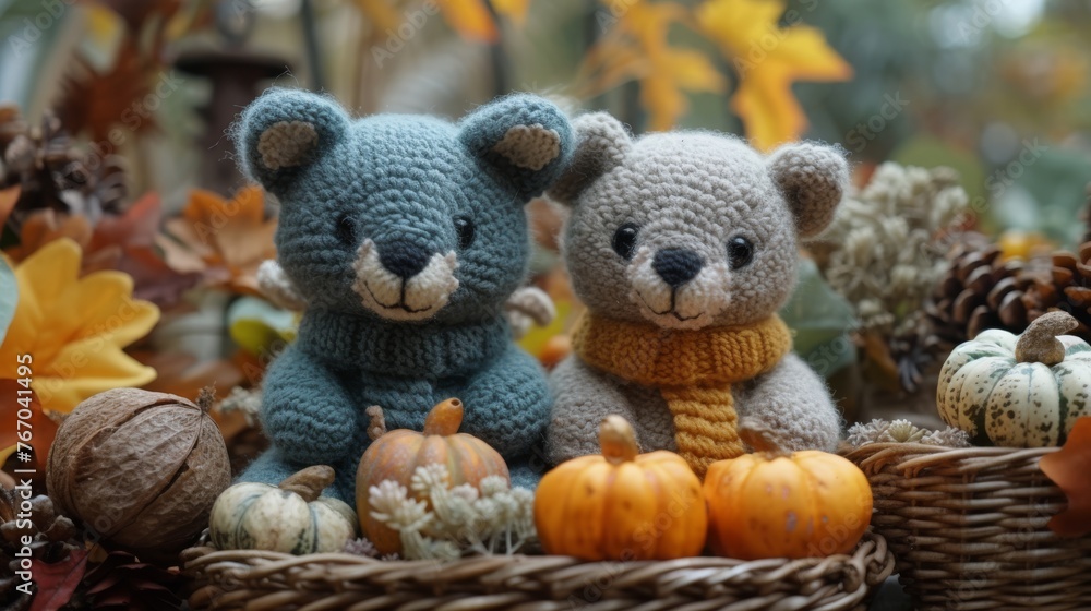  Two knitted  bears sit cozily together in a pumpkin-filled basket surrounded by acorns