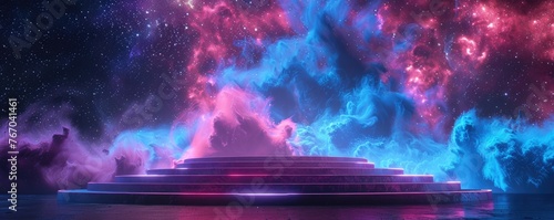 a round podium on the floor of an empty room, cosmic background with galaxies and nebulae, purple blue pink colors, futuristic scene