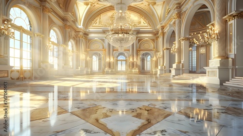 Elegant and Majestic Interior of a Luxurious Ballroom Palace Hall with Ornate Marble Floors and Reflections